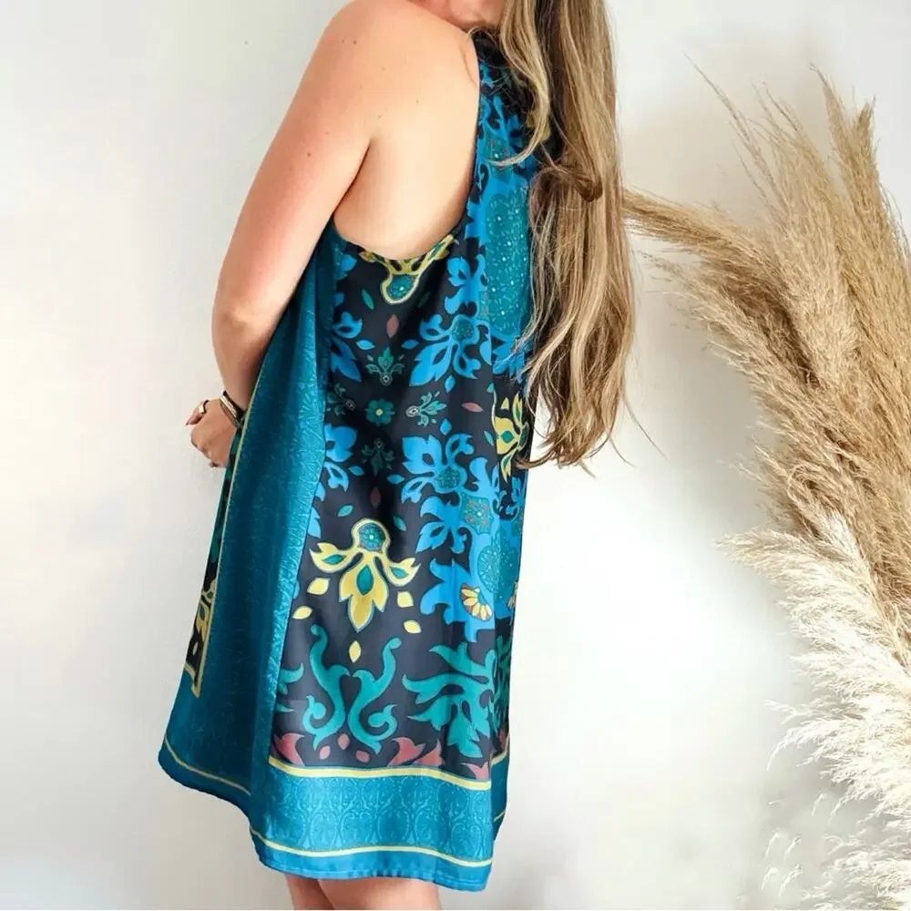 NEW ANTHROPOLOGIE Teal Black Floral Beaded Halter Mini $198 Tank Top Dress XL - Picture 2 of 13